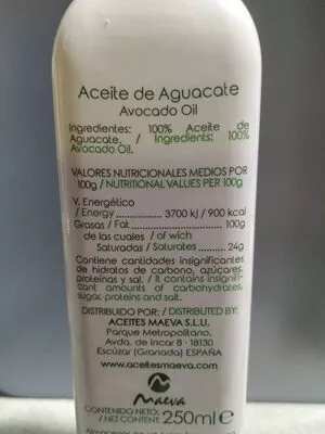 Lista de ingredientes del producto Aceite de aguacate Maeva 250 ml