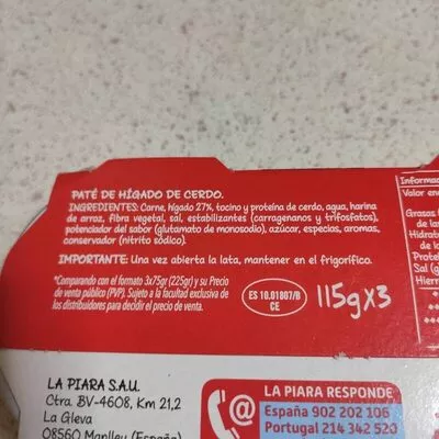 Lista de ingredientes del producto Paté de tapa negra La Piara 3 tarros de 115g