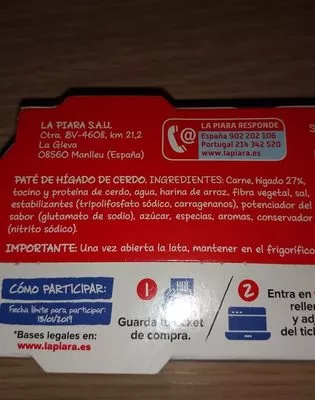 Lista de ingredientes del producto La Piara La Piara 