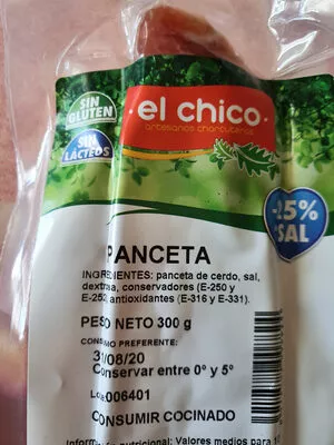 Lista de ingredientes del producto panceta menos sal El Chico 300g