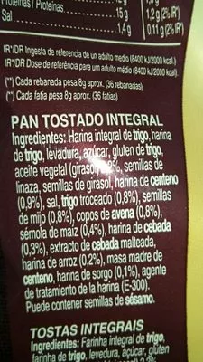 Lista de ingredientes del producto Silueta 8 cereales y semillas Bimbo 