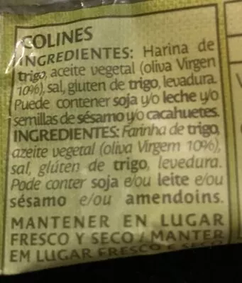 Lista de ingredientes del producto Palitos de pan con aceite de oliva Bimbo 