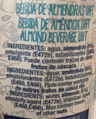 Lista de ingredientes del producto Bebida de almendras 0% azúcares Nectina 1 l