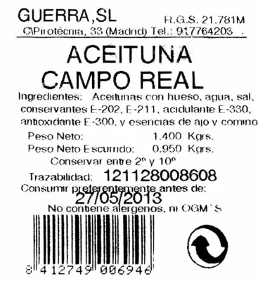 Lista de ingredientes del producto Aceitunas Campo Real Aceitunas Guerra 1.400 g (neto), 950 g (escurrido)