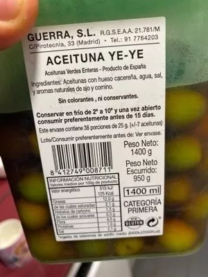 Lista de ingredientes del producto Aceituna Ye-Ye  1400 g