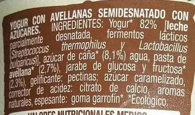 Lista de ingredientes del producto Ecovida yogur semidesnatado ecologico avellana Dhul 