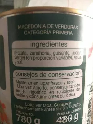 Lista de ingredientes del producto Macedonia de Verduras Auchan 780 g