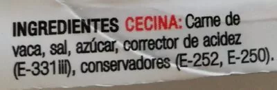 Lista de ingredientes del producto Cecina en mini taquitos Palcarsa 60 g