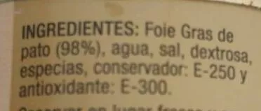 Lista de ingredientes del producto Bloc de foie grasa de pato Vilagran 