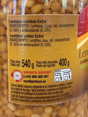 Lista de ingredientes del producto Lentejas cocidas Gourmet 