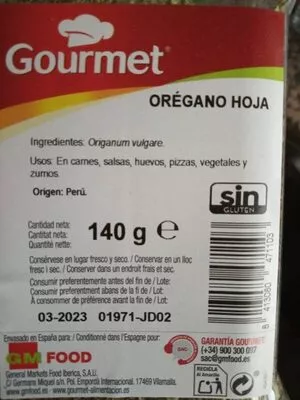 Lista de ingredientes del producto Orégano hoja Gourmet 