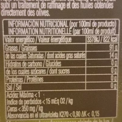 Lista de ingredientes del producto Aceite de oliva gourmet 250 ml