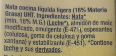 Lista de ingredientes del producto Nata líquida para cocinar Gourmet 