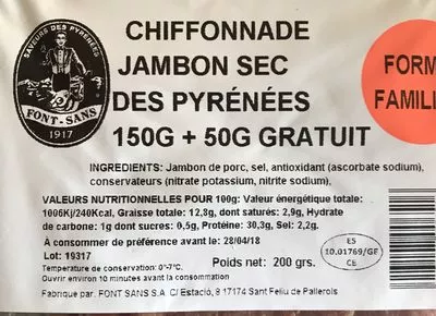 Lista de ingredientes del producto Chiffonnade jambon sec de pyrenees Font-Sans 