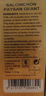 Lista de ingredientes del producto Le Salchichón Géant ! font-sans 1,15kg