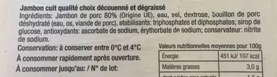 Lista de ingredientes del producto Jambon cuit choix découenné et dégraissé 20 tranches Carrefour 800 g