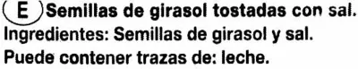 Lista de ingredientes del producto Semillas de girasol con cáscara tostadas aguasal Grefusa 150 g