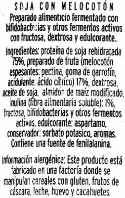 Lista de ingredientes del producto Soja melocotón con bífidus activo Kalise 500g (4x125g)