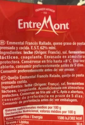 Lista de ingredientes del producto Queso rallado emmental  