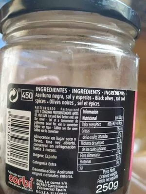 Lista de ingredientes del producto Aceituna negra de Aragón Corbi 