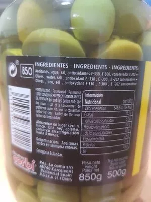 Lista de ingredientes del producto Aceituna de Sosa  850 g