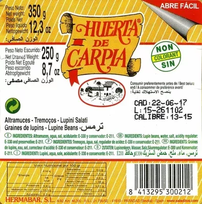 Lista de ingredientes del producto Altramuces encurtidos Huerta de Carpia 350 g (neto), 250 g (escurrido)