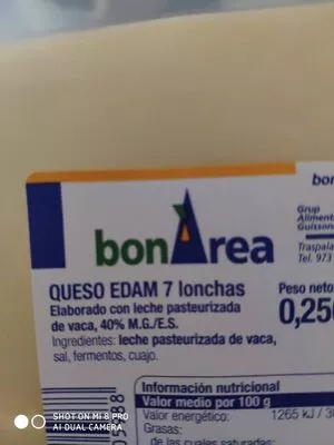 Lista de ingredientes del producto Queso edam lonchas Bonarea 