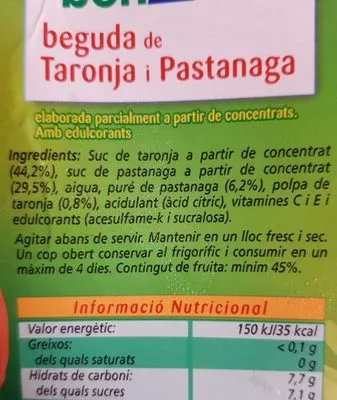 Lista de ingredientes del producto Bebida de naranja y zanahoria Bonarea 