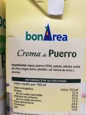 Lista de ingredientes del producto Crema de puerro BonÀrea 1 l