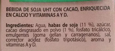 Lista de ingredientes del producto Bebida de soja con cacao BonArea 