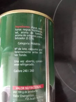 Lista de ingredientes del producto Aceitunas negras bonÀrea 