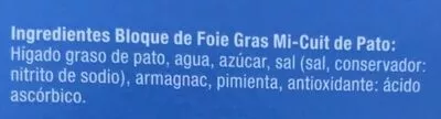 Lista de ingredientes del producto Bloque de Foie Gras Pato bonArea 