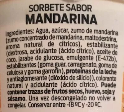 Lista de ingredientes del producto Sorbete de mandarina BonArea 