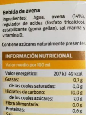 Lista de ingredientes del producto Bebida de avena bonÀrea 