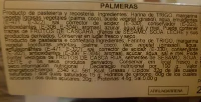 Lista de ingredientes del producto Palmeritas Arruabarrena 