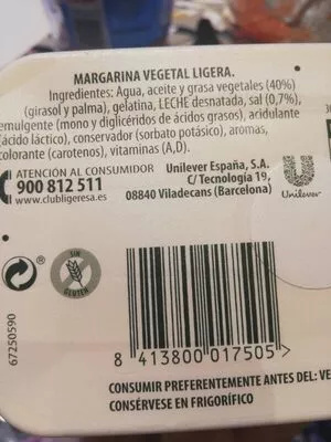 Lista de ingredientes del producto Margarina Ligeresa 500 g