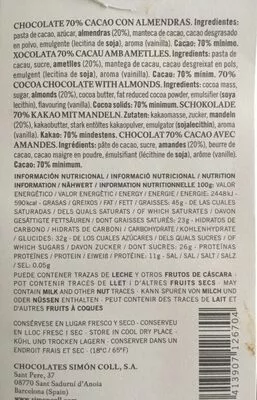 Lista de ingredientes del producto Chocolate cacao con almendras Simon Coll 100 g