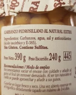 Lista de ingredientes del producto Garbanzo Pedrosillano Al Natural 390G Rosara 