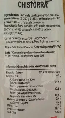 Lista de ingredientes del producto Chistorra Arbizu 220 g