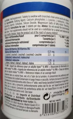 Lista de ingredientes del producto Bcaa (130 Tabs) Weider 