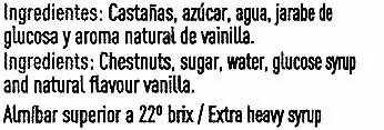 Lista de ingredientes del producto Castañas en almíbar ligero frasco 240 g Cuevas 400 g (neto), 240 g  (escurrido)