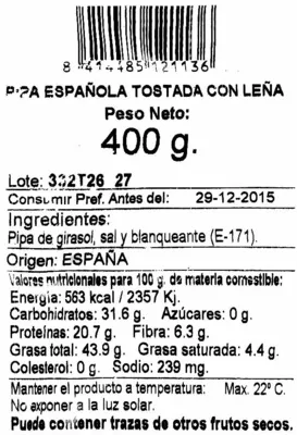 Lista de ingredientes del producto Pipa de girasol tostada con leña Manzanares 400 g