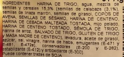 Lista de ingredientes del producto Pan payés 5 cereales y semillas Ruipan 