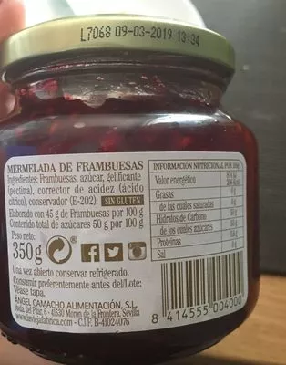 Lista de ingredientes del producto Mermelada de frambuesas La Vieja Fábrica 350 g (neto), 314 ml