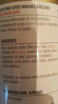 Lista de ingredientes del producto Olive verte avec anchois Consum 