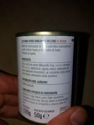 Lista de ingredientes del producto Aceitunas verdes Manzanilla rellenas de anchoa Consum 