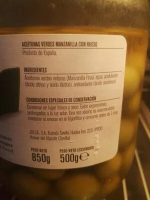 Lista de ingredientes del producto Aceitunas verdes manzanilla con hueso Consum 500 g