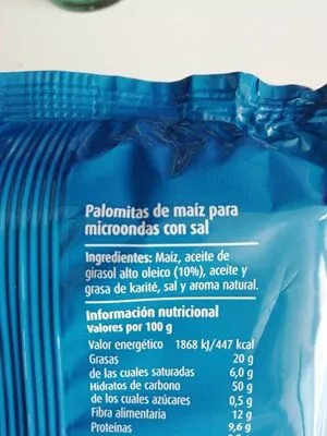 Lista de ingredientes del producto Palomitas con sal microondas Consum 