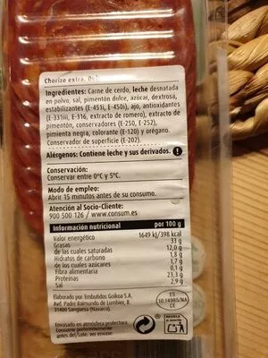 Lista de ingredientes del producto Chorizo Dulce Extra Consum 225 g