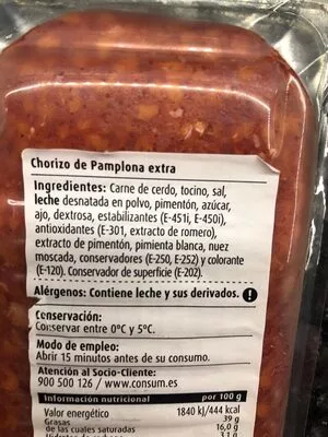 Lista de ingredientes del producto Chorizo Pamplona Extra Consum 225 g